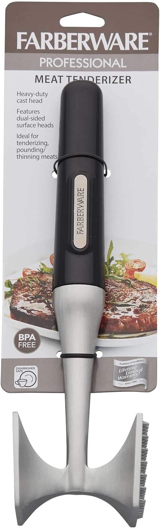 Farberware Professional Dual-Sided Rigid and Texture Stainless Steel Meat Tenderizer with Comfort Grip Handle, Great for Pounding Meat, Shellfish, Nuts, Dishwasher Safe, Black
