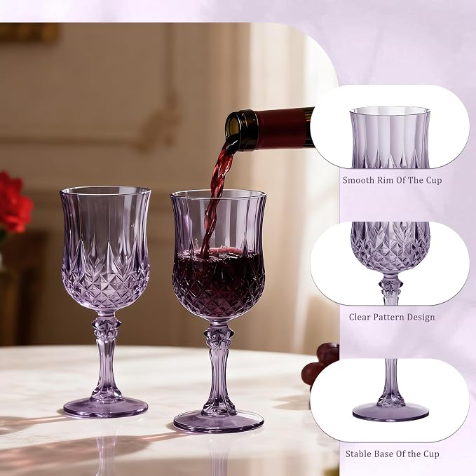 7OZ Plastic Wine Glasses, Reusable Vintage Goblets Unbreakable Drinking Glasses Crystal Water Cups Champagne for Wedding, Parties (24, Dark Purple)
