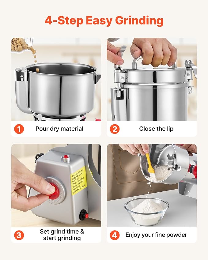 VEVOR 500g Electric Grain Mill Grinder, High Speed 2000W Commercial Spice Grinders, Stainless Steel Pulverizer Powder Machine, for Dry Grains Spices Cereals Coffee Corn Pepper, Swing Type