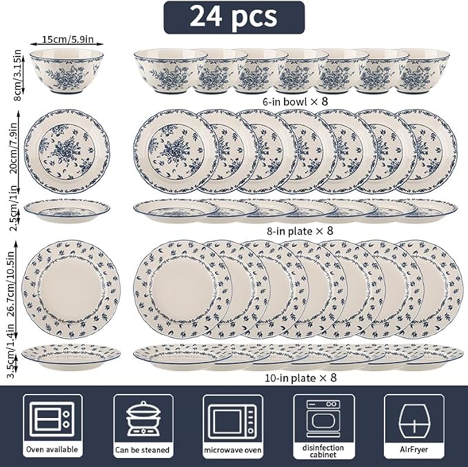 24-Piece Vintage Blue Floral Ceramic Dinnerware Set, Service for 8, Microwave & Oven Safe Plates and Bowls, Porcelain Dish Set for Parties & Hosting