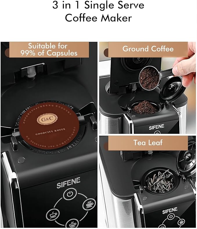 SIFENE Quick Brew Single Serve Coffee Maker, Versatile 3-in-1 Design for Coffee Pods, Ground Coffee, & Loose Tea, Adjustable 6-12oz Cup Sizes, Large 50oz Removable Water Tank, 1150W, Compact, Black