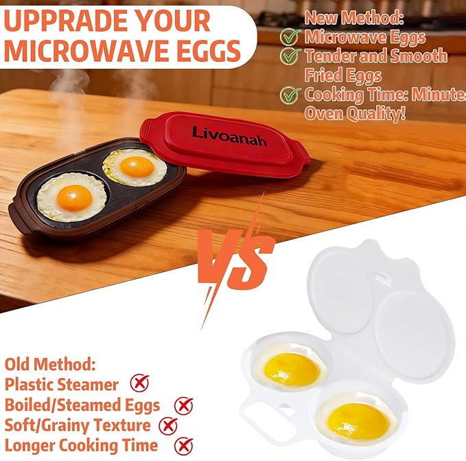Microwave Egg Cooker for 2 Eggs - Microwave Egg Poacher & Fryer for Breakfast Sandwiches, Quick Breakfast Maker, Nonstick, Dishwasher Safe, BPA-Free, Portable for Home, Travel & RV (Red)