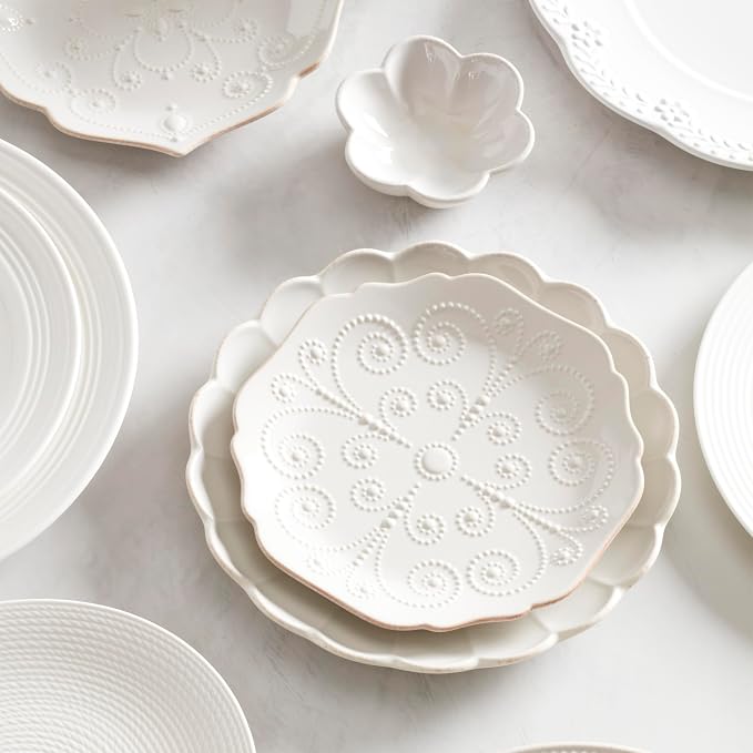 Lenox Dinnerware Sets, French Perle Scallop White 24-Piece Dinnerware Set, Service For 8, Stoneware Material, Dishwasher Safe, Microwave Safe, Bowls, Plates And Bowls, Dinner Dishes (White, 24 Piece)