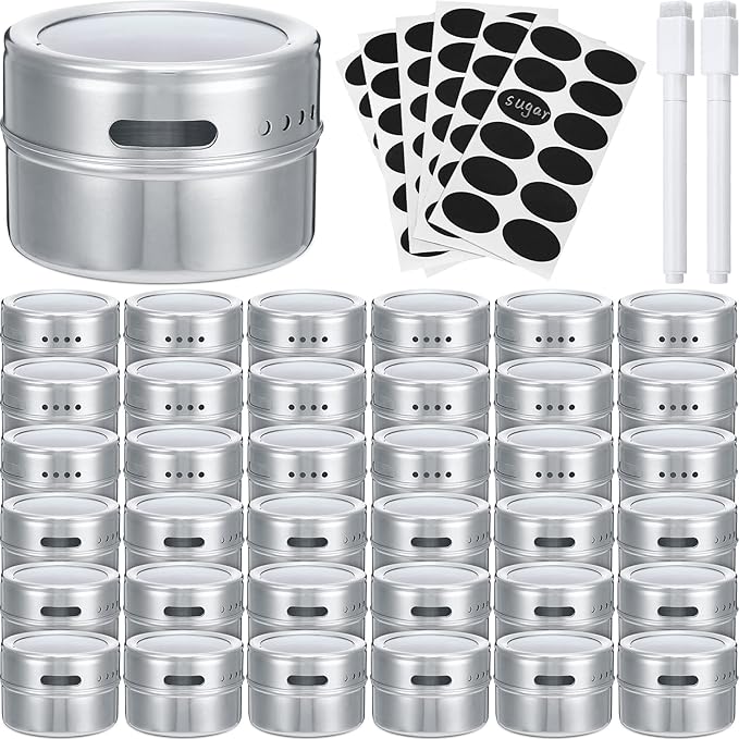 Chengu 36 Pack Magnetic Spice Jars for Refrigerator 3 oz Magnetic Spice Containers Stainless Steel Seasoning Tins with Clear Lid, with 72 Pcs Labels Marker and 2 Pens for Grill Kitchen Fridge Rack