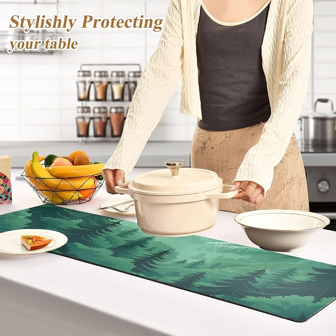 2 in 1 Table Runner Trivet for Hot Pots and Pans Heat Resistant Non Slip Waterproof 39 x 12 Inch Decorative Table Protector for Kitchen Countertop Mountain Forest Trees Green 02
