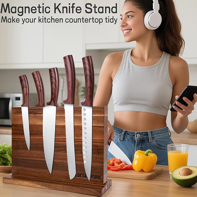 Home Kitchen Magnetic Knife Block，Double Sided Magnetic Knife Holder Rack for Kitchen Counter，Acacia Wood with Strong Enhanced Magnets Knife Storage Stand