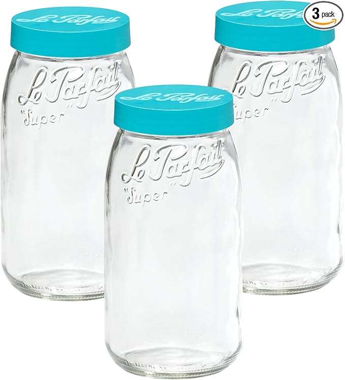 Le Parfait Eco-Friendly Zero Waste Wide Mouth Glass Jar with Airtight Screw Top Lid - Reusable French Storage Jar for Food, Soup, Flour, Sugar, Canning & Baking (3L/96oz, 3 Pack, Teal)