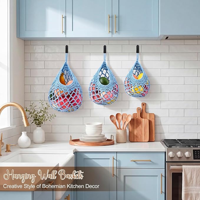 Honeydak Boho Decor Hanging Wall Baskets for Kitchen 3 Pack Teardrop Baskets with Hooks Storage Fruit Onion Vegetable Potato for Home 3 Sizes(Light Blue,Crochet,Cotton Rope)