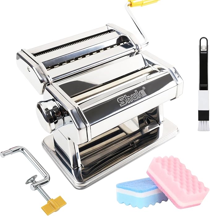 Pasta Maker Machine With 7 Adjustable Thickness Settings, Stainless Steel Manual Noodle Maker,Pasta Roller& Cutters With Removable Handle and Clamp For Kitchen (G-1350+Brush + Sponge)