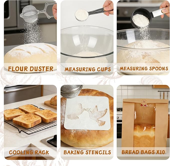 52 Pcs Sourdough Starter Kit, Sourdough Bread Baking Supplies with 9" Round & 10" Oval Banneton Bread Proofing Basket, Cooling Rack, Sour Dough Starter Jar, Bread Making Kit Gifts for Women Wife Mom