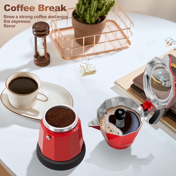 Electric Aluminum Moka Pot 3-6 Cup 150-270ml Espresso Maker with Detachable Base Ideal Coffee Makers for Home MochaPot Italian and Cuban Café Coffeemaker Espressomaker CoffeePot Red