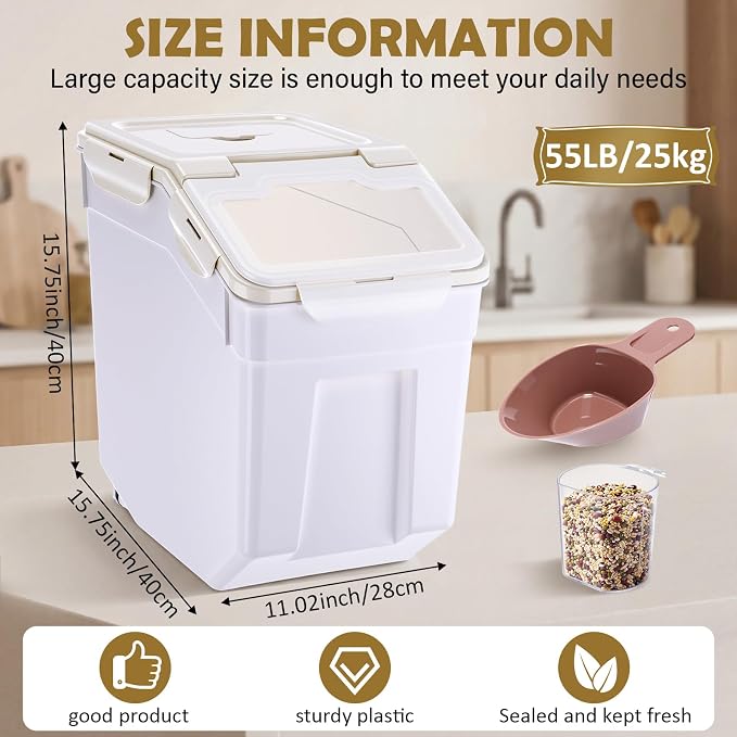Sunnyray Flour Storage Container Bin,Rice Storage Containers with Wheels Seal Locking Lid, BPA Free with Measuring Cup Scoop for Rice Grain Pet Food Flour(55 Lbs,Beige,6 Pcs)