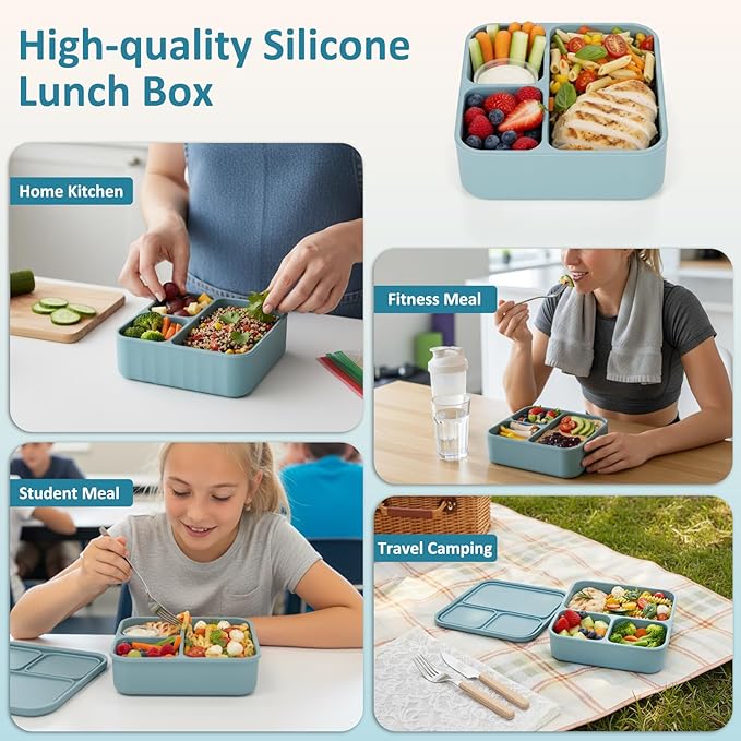 Ziplock Silicone Food Storage Bags Freezer, Bundle of 3 Compartment Silicone Bento Box Adult Lunch Container, Microwave Oven Dishwasher Safe