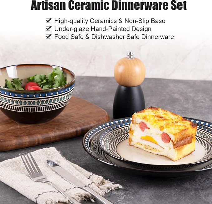 12 Piece Dinnerware Set for 4, Vintage Blue White Handmade Stoneware Plates and Bowls, Hand-Carved Relief with Geometric Pattern, Dishwasher Microwave Oven Safe, Scratch Resistant Dish Set