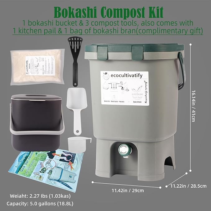 20L Bokashi Compost Bin, 5.28 Gallon Compost Bin for Kitchen Composter with Lid, Bokashi Start Kit with Bran (Tan & Dark Green) (18.8L/5 Gal Grey)