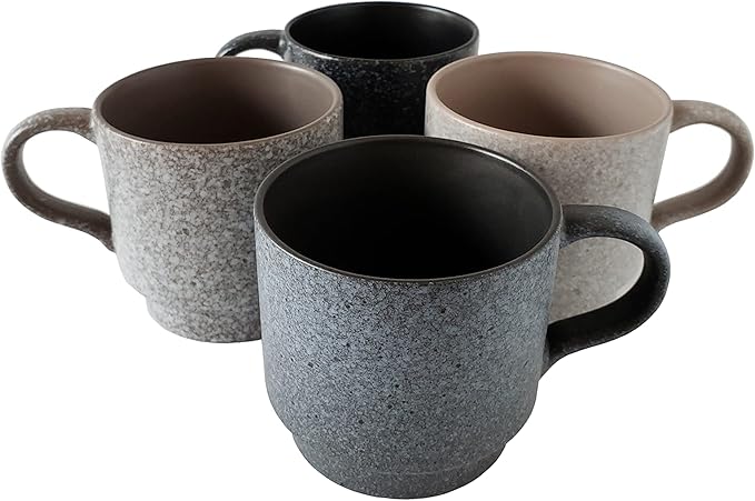 14oz Stackable Ceramic Coffee Mugs with Metal Rack, Assorted Colors - Set of 4 Space Saving Durable Stacking Cups with Speckled Finish