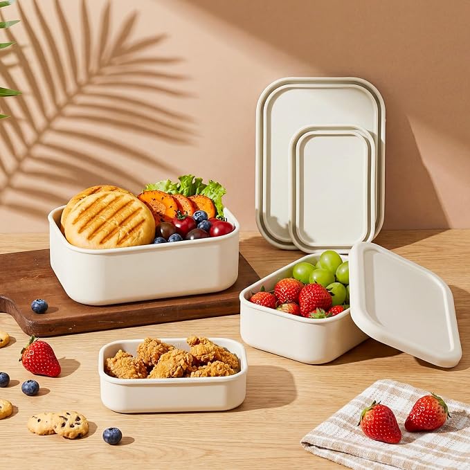 Blushtier 2 Sets of 6 Silicone Food Storage Containers, Reusable Lunch Bento Box with Lid, Hard Shell Storage Containers, Microwave Dishwasher Freezer Safe, 10 oz, 23.6 oz, 44 Ounce(Bone White)