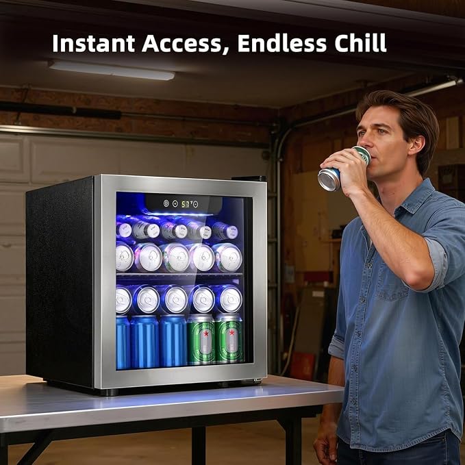 Antarctic Star 48 Can Mini Beverage Refrigerator, 1.3 Cu.Ft Compact Drink Cooler with Glass Door, Adjustable Temp 40-61°F, Quiet Freestanding Wine & Soda Cooler for Home Office Dorm, LED Lit