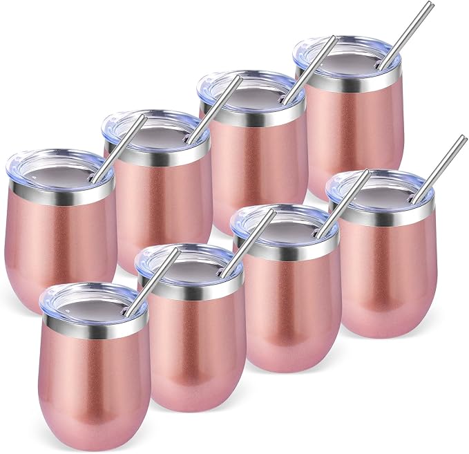 Volhoply 12oz Stainless Steel Wine Tumbler with Lid Bulk 8 Pack,Double Wall Vacuum Stemless Wine Glasses,Reusable Metal Travel Coffe Mug with Straw,Insulated Cup Gifts for Christmas（Rose Gold,8 Set）