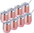 Volhoply 12oz Stainless Steel Wine Tumbler with Lid Bulk 8 Pack,Double Wall Vacuum Stemless Wine Glasses,Reusable Metal Travel Coffe Mug with Straw,Insulated Cup Gifts for Christmas（Rose Gold,8 Set）