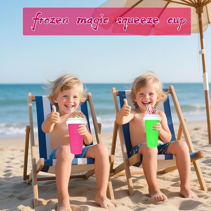2PCS Slushie Maker Cup, Quick Frozen Magic Cups for Homemade Milk Shake Ice Cream Maker, Double Layer Squeeze Slushy Maker Cup, Birthday Gifts for Mother Father,Kids,Friends,Family (Pink+Green, 350ML)