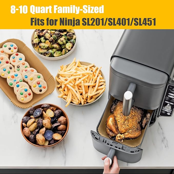 MMH 100Pcs Air Fryer Disposable Liners+ 2Pcs Silicone Liners Sets for Ninja DZ401/DZ550/SL401 10Qt, Rectangular Air Fryer Inserts Accessories for Cosori 9QT Dual Basket, Parchment Paper Liners