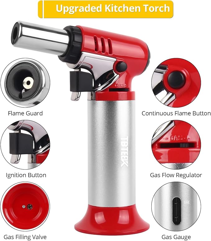 TBTeek Butane Torch with Fuel Gauge T907, One-hand Operation Kitchen Torch Lighter with Adjustable Flame for BBQ, Baking, Brulee Creme, Crafts and Soldering(Butane Gas Not Included), Red