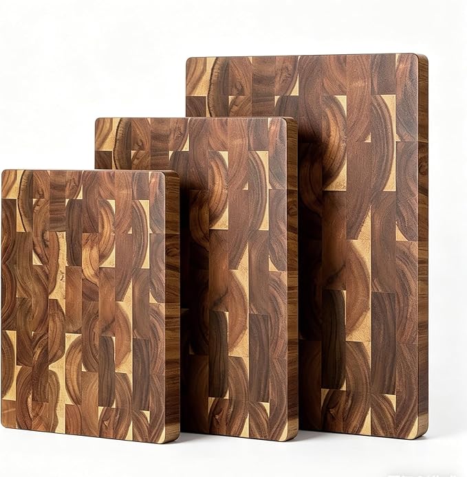 Premium 3-Piece End-Grain Cutting Board Set, Wooden Cutting Boards for Kitchen, Reversible Chopping Board, Built-In Handles, Knife-Friendly,Durable Butcher Block for Kitchen Prep & Charcuterie Serving