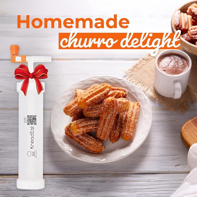 KneadEat Churro Maker Kit with Booster-powered Handle. Churrera and Piping Bag Churros Filler. Easy QR-Recipe to Prepare and Fill Your Own Churros at Home - KneadEat Cookie press - Churro press.