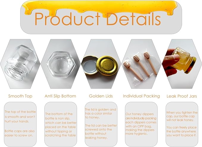 Adabocute Honey Pot, Mini Honey Jars with Dipper, Glass Honey Jars Baby Shower Favors, Party Favors & Wedding Favors, Gold Lid, Bee Pendants, Gold Organza Bags, 20 Pack 1.5oz