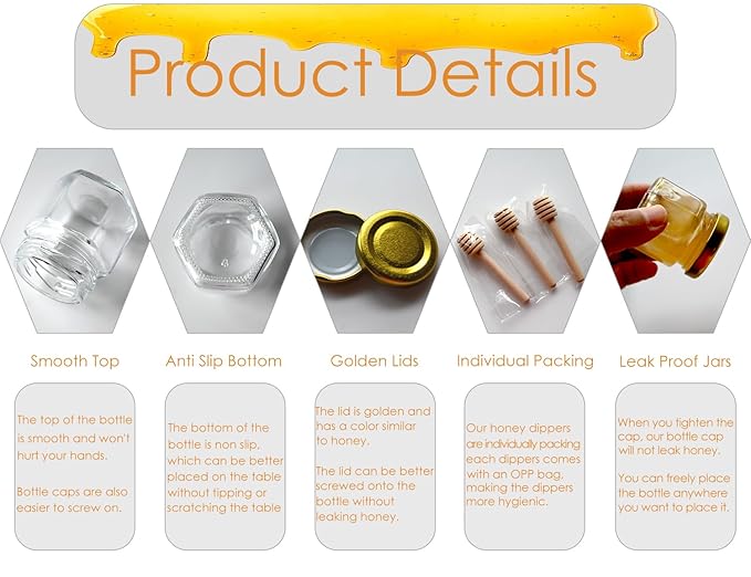 Small Honey Jar, Mini Honey Jars with Dipper, Glass Honey Pot Baby Shower Favors, Party Favors & Wedding Favors, Hexagon Honey Container w/ Lid, Bee Charms, Fabric Ribbons and Bags, 60 Pack 1.5oz