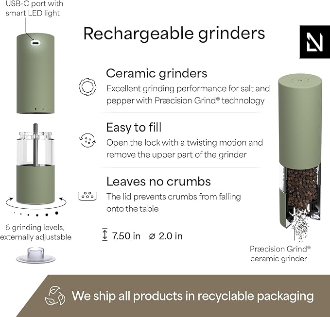 LARS NYSØM Electric Salt and Pepper Grinder Set I Automatic Salt and Pepper Mills with Adjustable Ceramic Grinder I USB Rechargeable Electric Spice Mill Set with LED Light (Sage Green)
