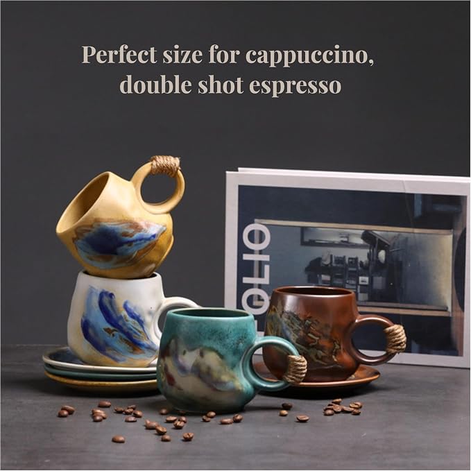 Little handmade ceramic pottery tea cup with saucer, espresso cup | 8 oz stoneware demitasse cup for lungo,cortado,Matcha, Americano