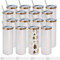 YOUKE OLA 16 Pack Rose Gold Plated Stainless Steel Tumbler Straight Double Wall Powder Coated for Laser Engrave, 20oz White to Bronze