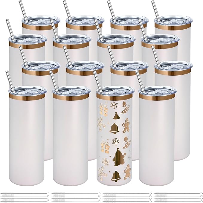 YOUKE OLA 16 Pack Rose Gold Plated Stainless Steel Tumbler Straight Double Wall Powder Coated for Laser Engrave, 20oz White to Bronze