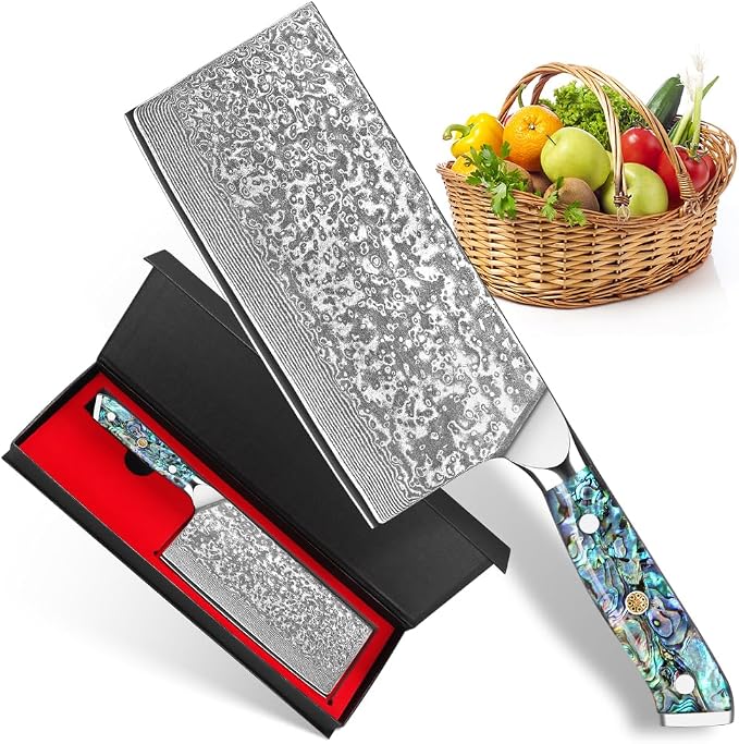 KEENZO Chinese kitchen Knife 7.5 inch,Razor Sharp Professional Chef knife, Japanese Hand Forged 67 Layers Damascus Steel Cooking Knife, Ergonomic Abalone Shell Handle Cooking Knife with gift box