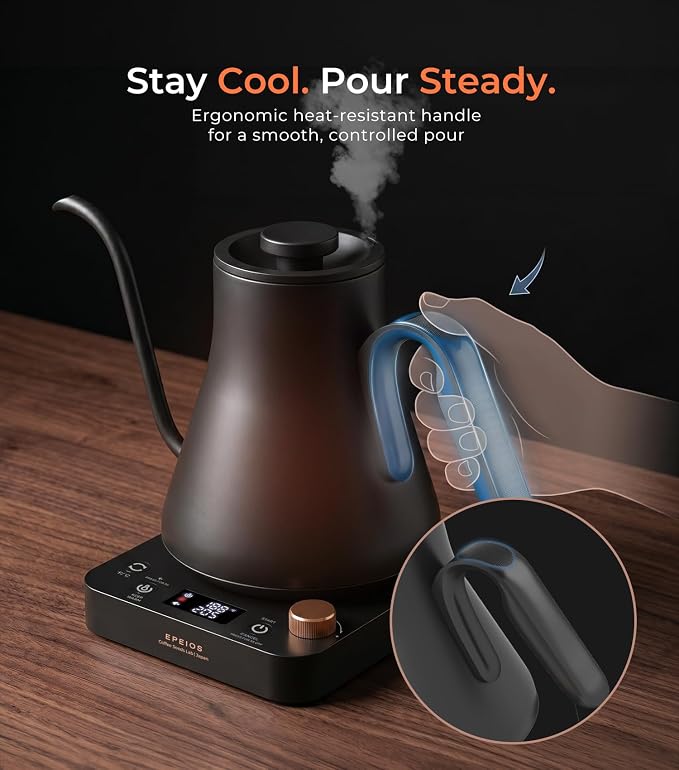 Epeios Electric Kettle, Gooseneck Electric Kettle with ±1°F Temperature Control, 1200W Rapid Heating for Pour Over Coffee & Tea, 304 Stainless Steel Interior, Auto Shut-Off, 0.9L, Blue