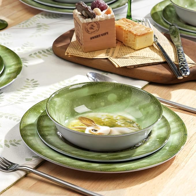 12-Piece Green Bunny Melamine Dinnerware Set，Garden Parties & Everyday Use | Lightweight Melamine Plate & Bowl Set for 4,Shatterproof Dishes Perfect for Family Gatherings & Stylish Dining Room Settings