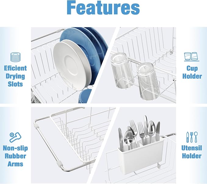 JASIWAY White Dish Drying Rack in Sink with Mat, Expandable Stainless Steel Dish Drainers for Kitchen Counter, Space Saving Dish Dryer for Inside Sink, Over Sink Dish Racks with Utensil Holder