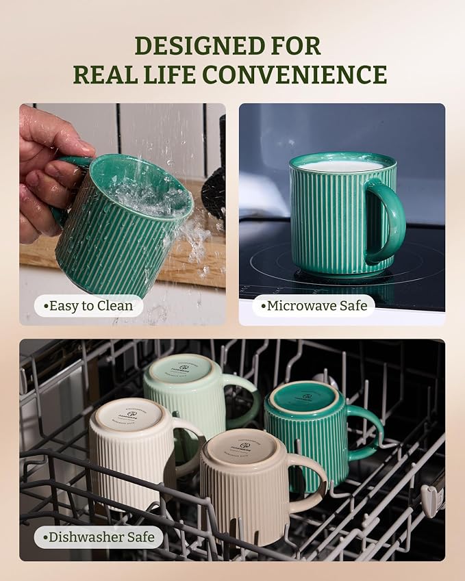 famiware Coffee Mug Set for 4, Star 12 oz Catering Mugs Cup Set with Handle for Coffee, Tea, Cocoa, Milk- Ceramic Stoneware Drinkware Set, Sage Green