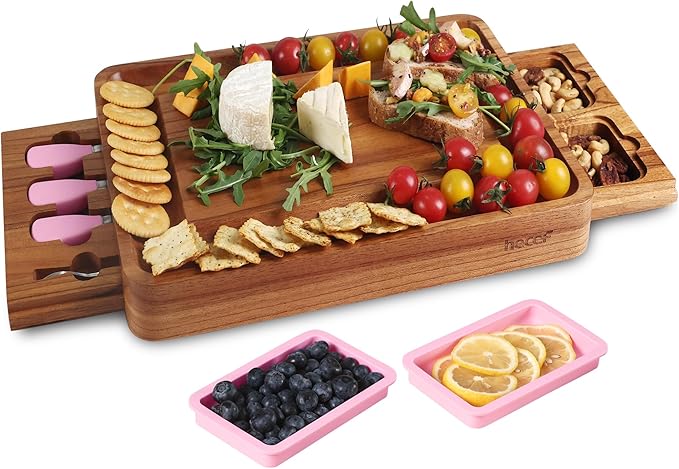 hecef Pink Large Charcuterie Board Set with Stainless Steel Cheese Knives, Cheese Board Set Wooden Appetizer Platter for Housewarming, Weddings, Birthdays & More, Forks & Pull-Out Drawers