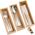 Baderke 3 Pcs Bamboo Drawer Organizer 10 x 3 x 2'' Kitchen Silverware Organizer Tray Long Stackable Storage Box Wooden Utensil Holder with Silverware Set for Kitchen Bathroom Cabinet(Natural)