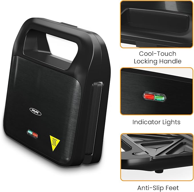 3 in 1 Electric Sandwich Maker, Panini Press Grill and Waffle Iron Set, Grill and Sandwich Press with Removable Non-Stick Plates, Indicator Lights & Cool Touch Handle, 750W, Black