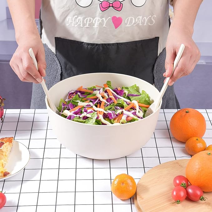 LOVYANXUE Bamboo Fiber Salad Bowl with Servers Set Large 9.8inches Nature Bamboo Mixing Bowl with Servers with Lid Spoon and Fork for Fruits,Salads and Vegetables