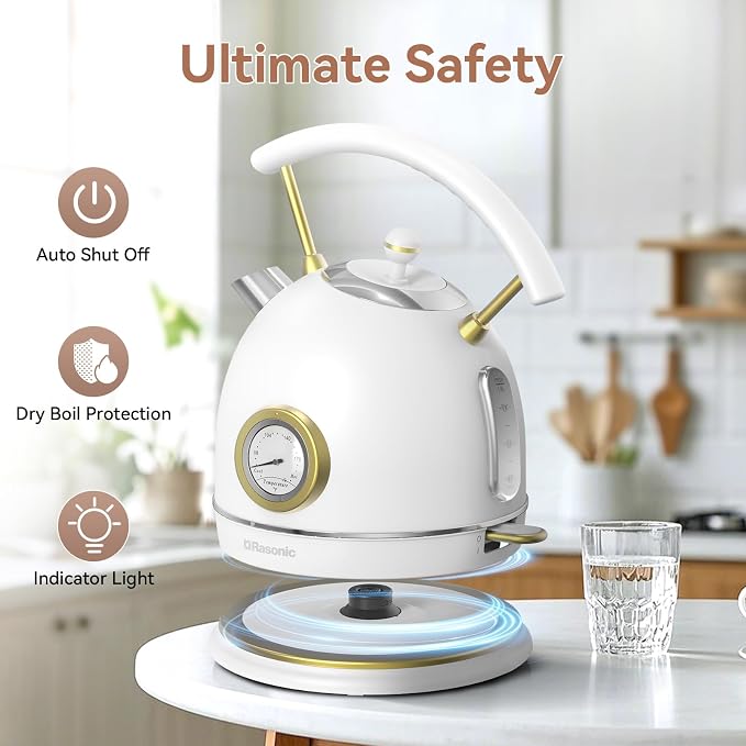 Rasonic Retro Electric Kettle Stainless Steel, 1.8L Tea Water Boiler, 1500W Fast Quiet Boil, Temperature Gauge, Auto Shut-Off, Boil-Dry Protection, White Champagne Gold