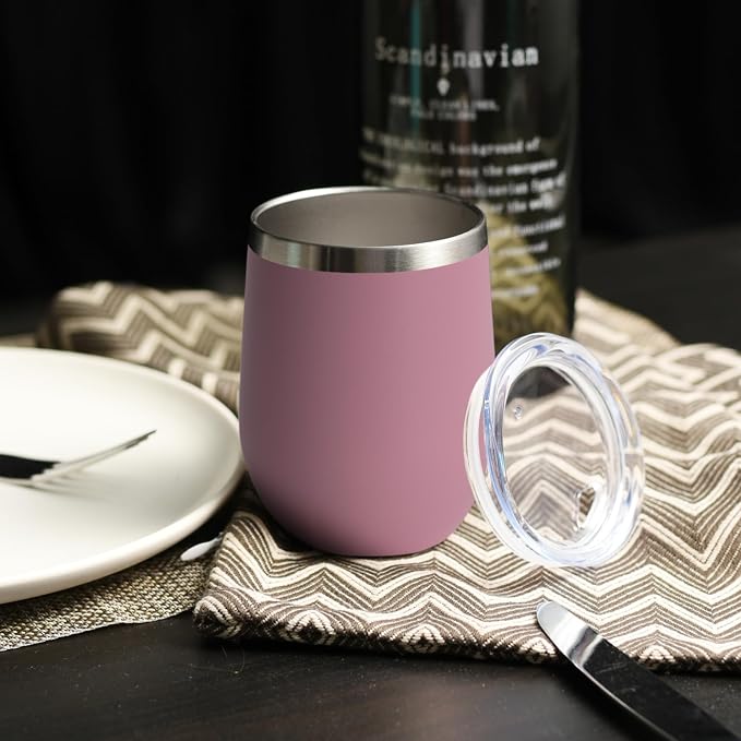 DOMICARE Stainless Steel Wine Tumbler Bulk with Lid, Personalized Insulated Tumblers Set, 12oz Travel Coffee Cups Pack of 12, Pink