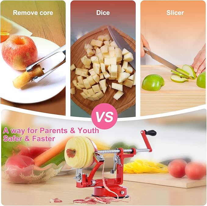 Apple Peeler, Slicer Corer Potato Peelers 3 In 1, Stainless Steel Heavy Duty with Suction Cup Base And 3 Extra Blades (Red)