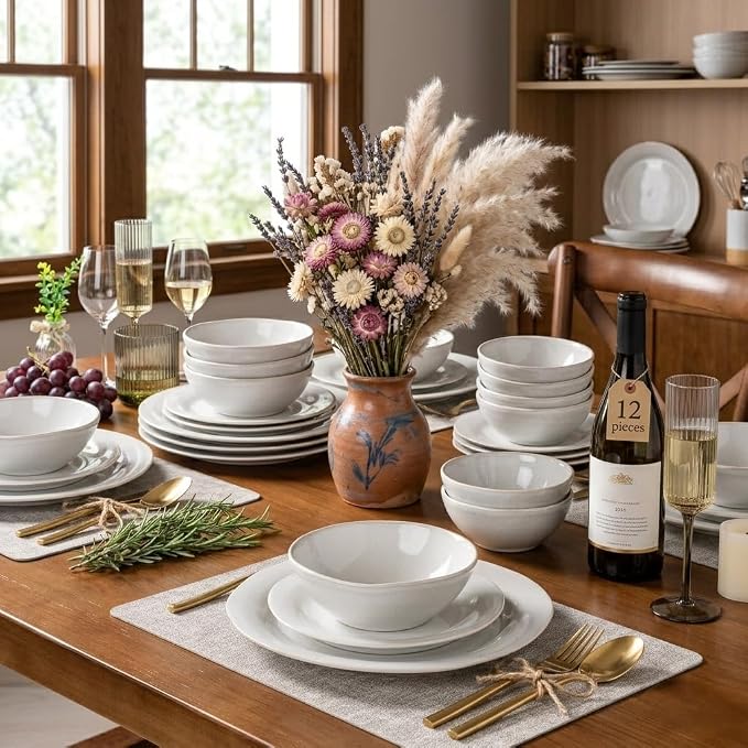 AmorArc Ceramic Dinnerware Sets, Handmade Stoneware Reactive Glaze Plates and Bowls Set, Scratch Resistant | Dishwasher & Microwave Safe, Service for 4 (12pc)