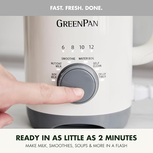 GreenPan 30oz Nut Milk Maker Machine, 15-in-1 for Homemade Almond, Oat, Soy, Coconut, Plant-Based Non-Dairy Beverages, Soups, BPA-Free Glass, Automatic Self-Clean, Delay Start, Cream