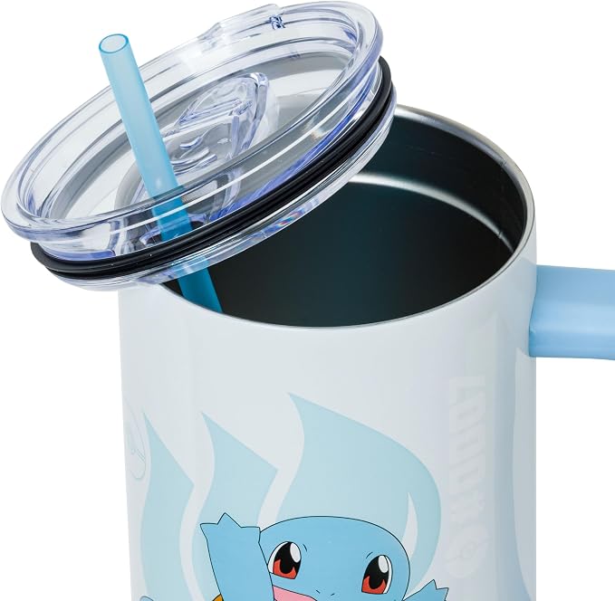 Silver Buffalo Pokémon Featuring Squirtle Double Walled Stainless Steel Tumbler with Handle and Straw, Fits in Standard Cup Holder, 40 Ounces